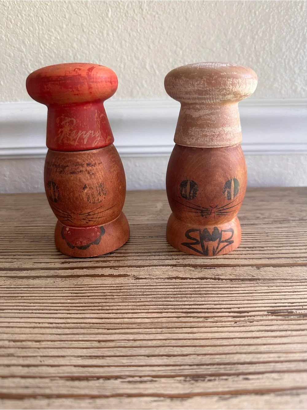 Vintage Chefs Salty & Peppy Wooden Salt and Pepper Shakers Japan 1950s